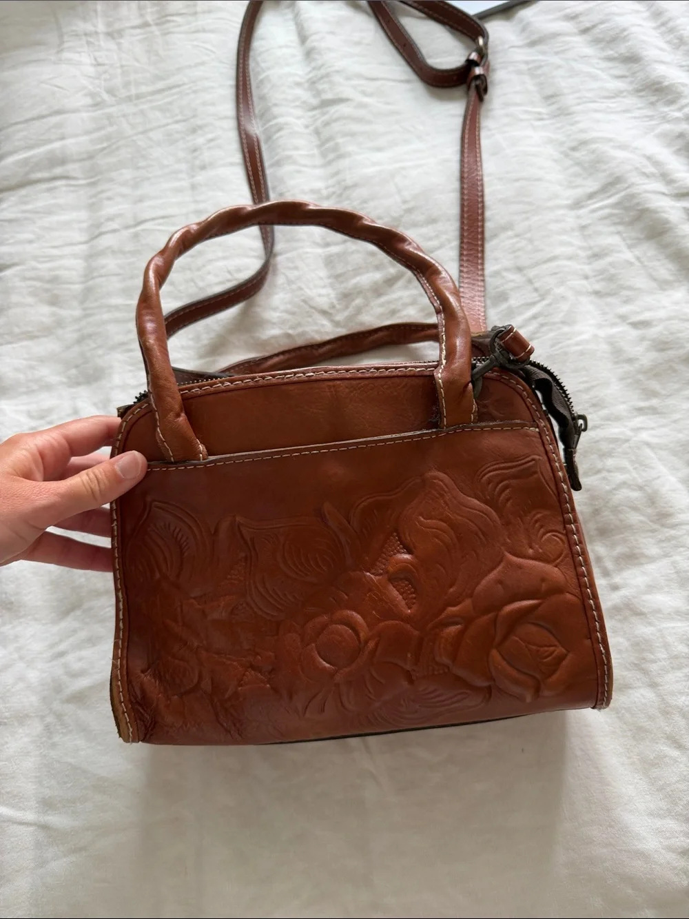 Brown Embossed Leather Crossbody Satchel - Stylish Women's Bag